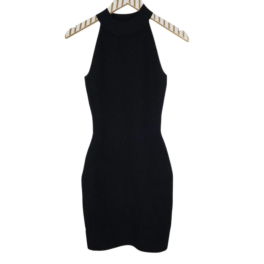 QUINCE Mockneck Halter Ribbed Knit Sweater Dress Womens XS Black Bodycon Mini‎